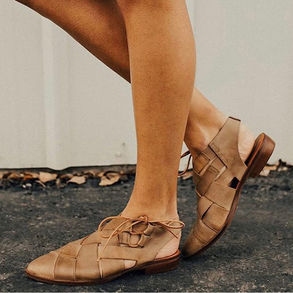 Free people leather lattice flat tan sandals with tie in back